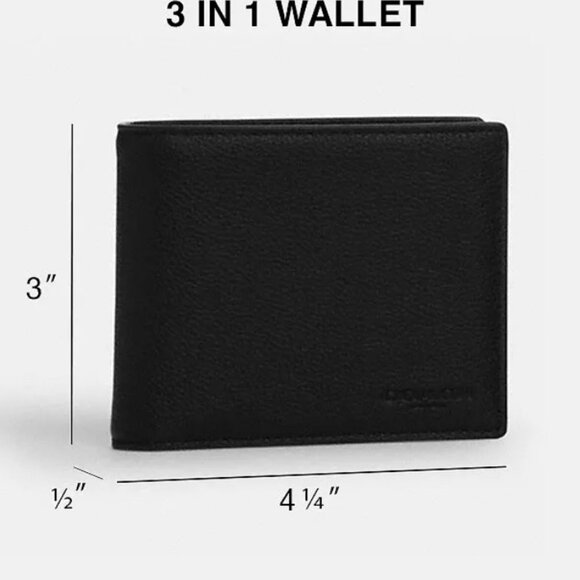 NWT COACH 3 IN 1 Compact ID Bifold Crossgrain Leather Men Wallet in Black F5911 - Picture 6 of 8